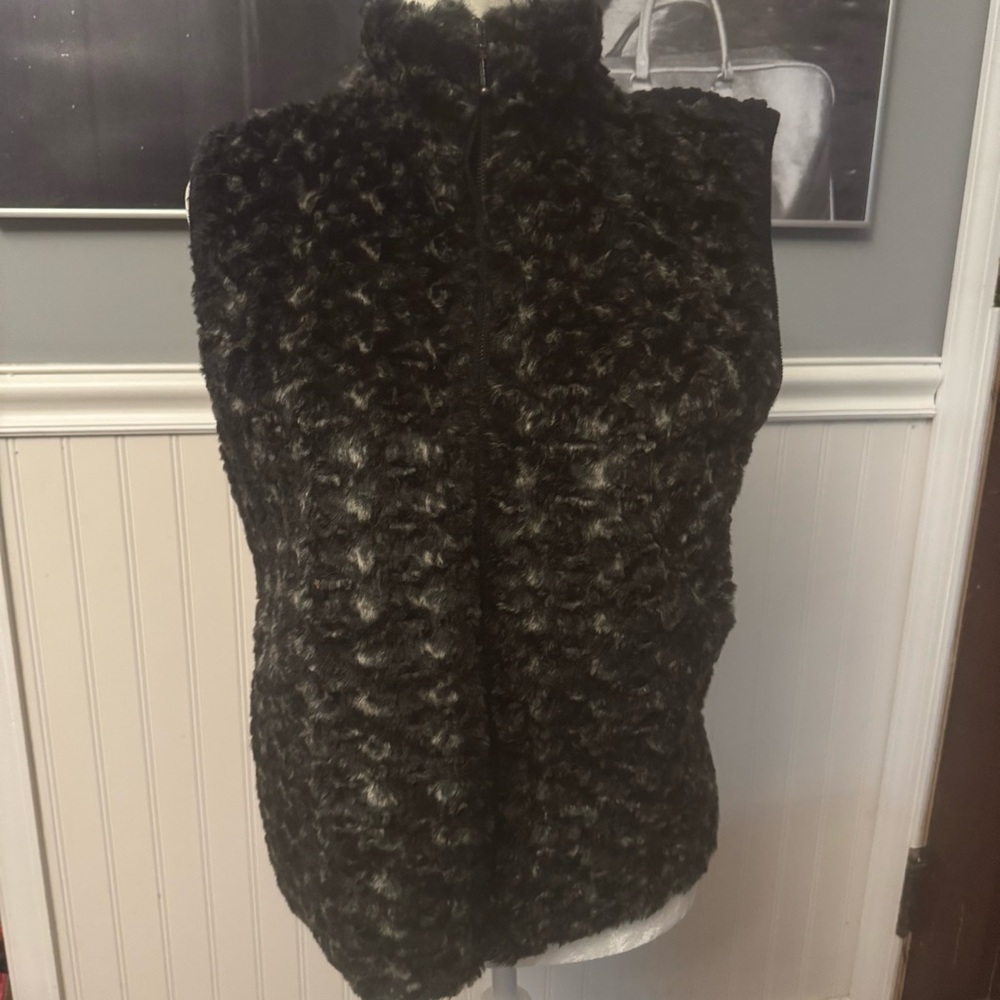Kikit Studio Maurice Sasson Black Faux Fur Back Knit Vest Size Large Vintage